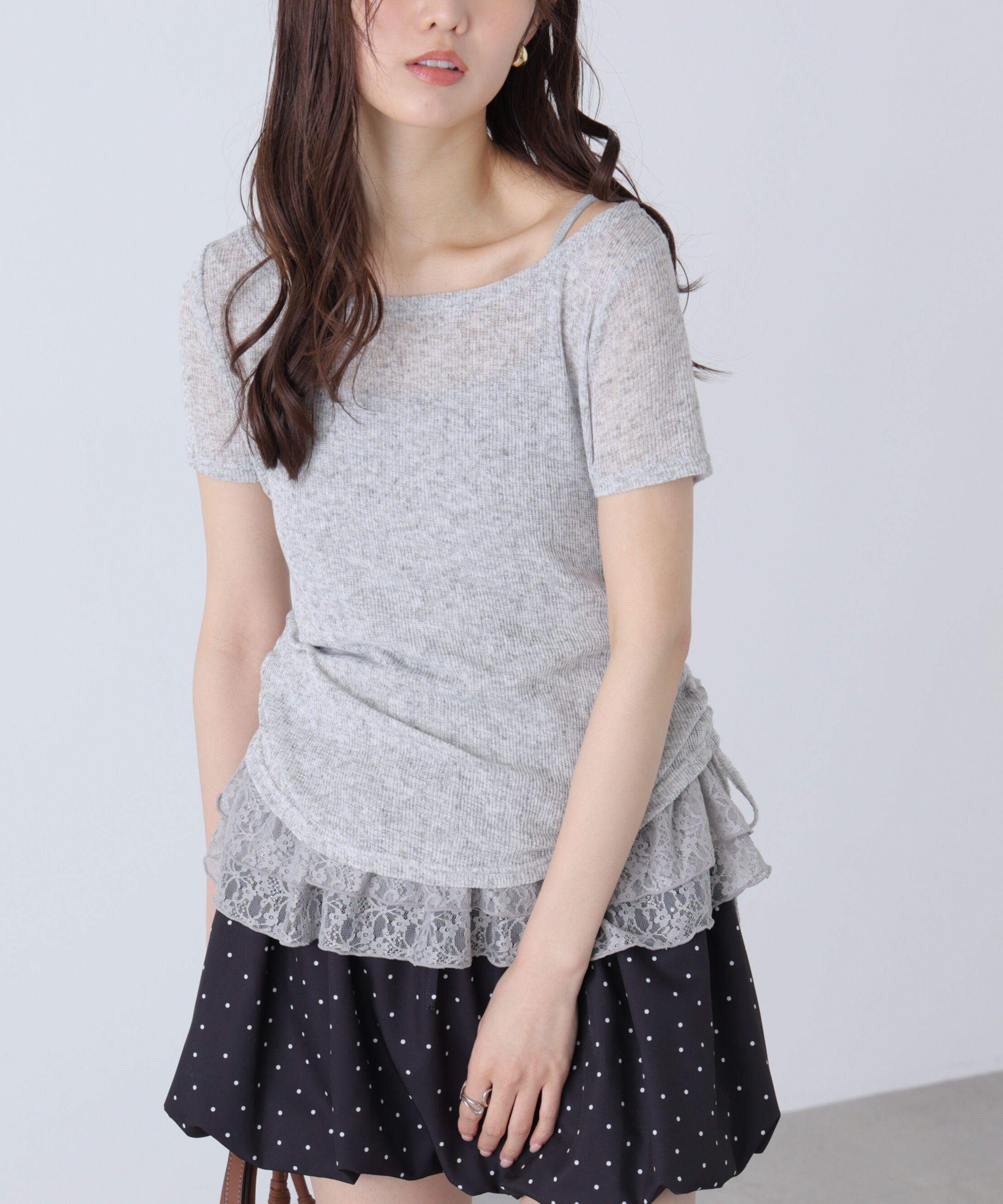  「メランジドロスト半袖レースティアードキャミセット」|Tシャツ・カットソー|