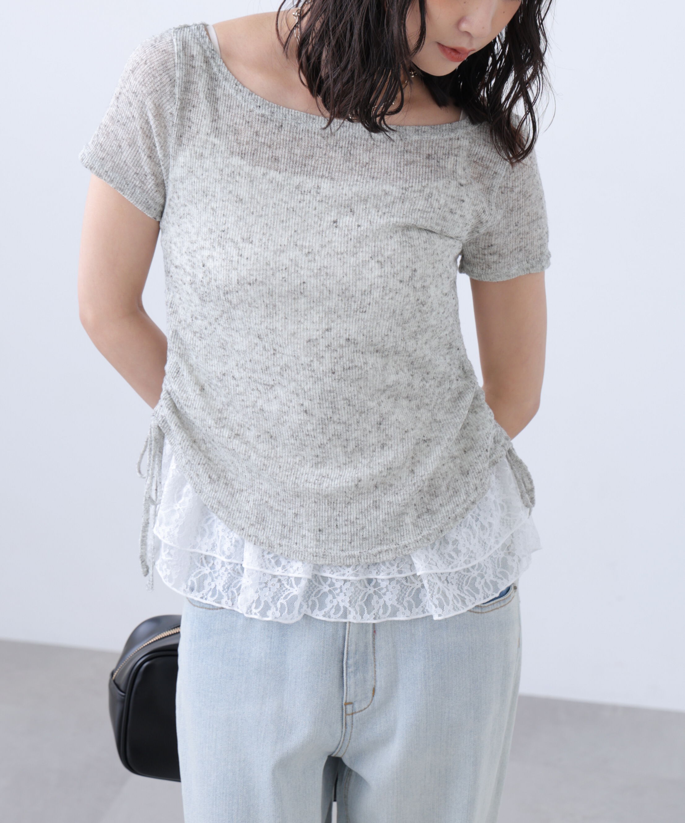  「メランジドロスト半袖レースティアードキャミセット」|Tシャツ・カットソー|