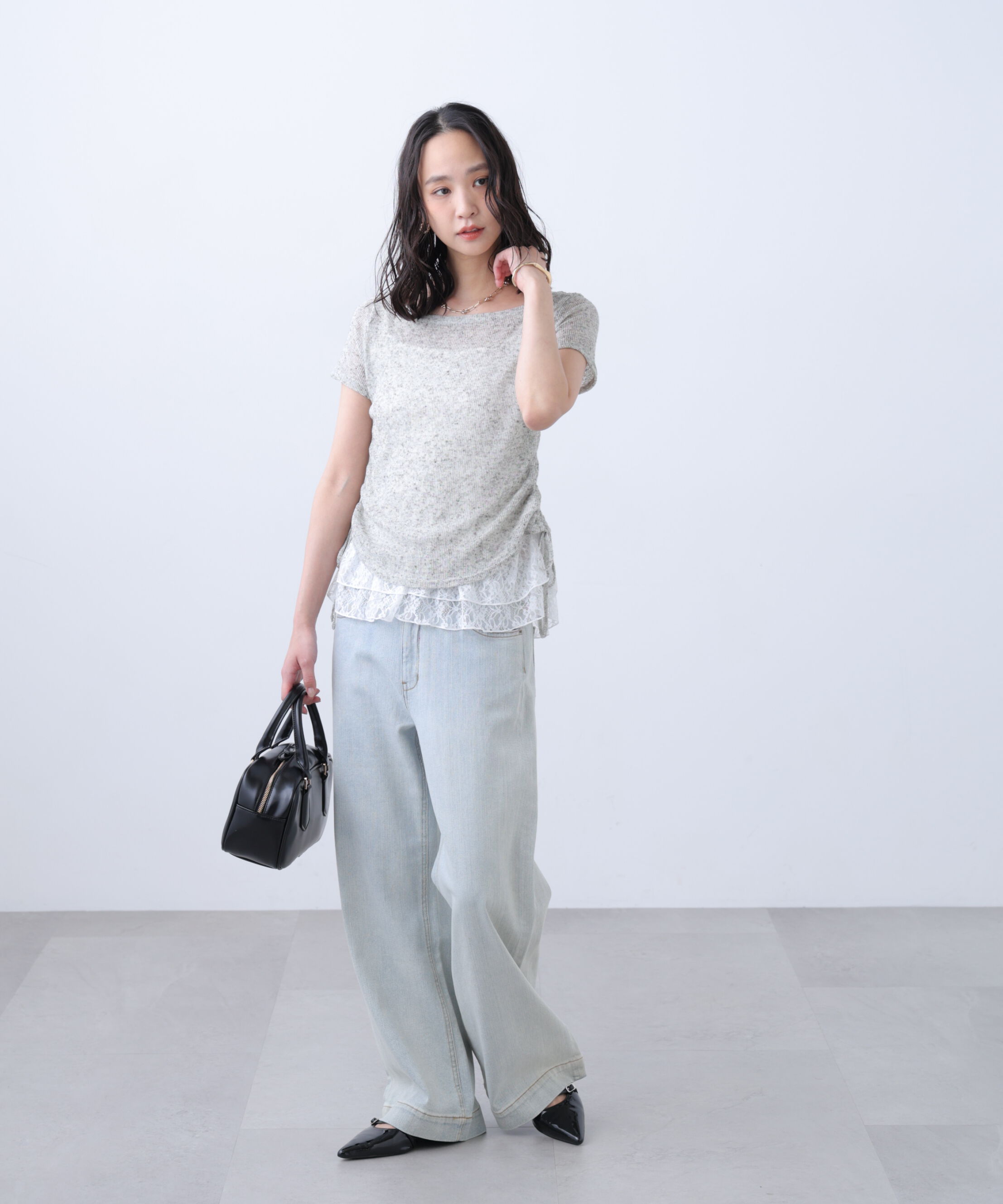  「メランジドロスト半袖レースティアードキャミセット」|Tシャツ・カットソー|