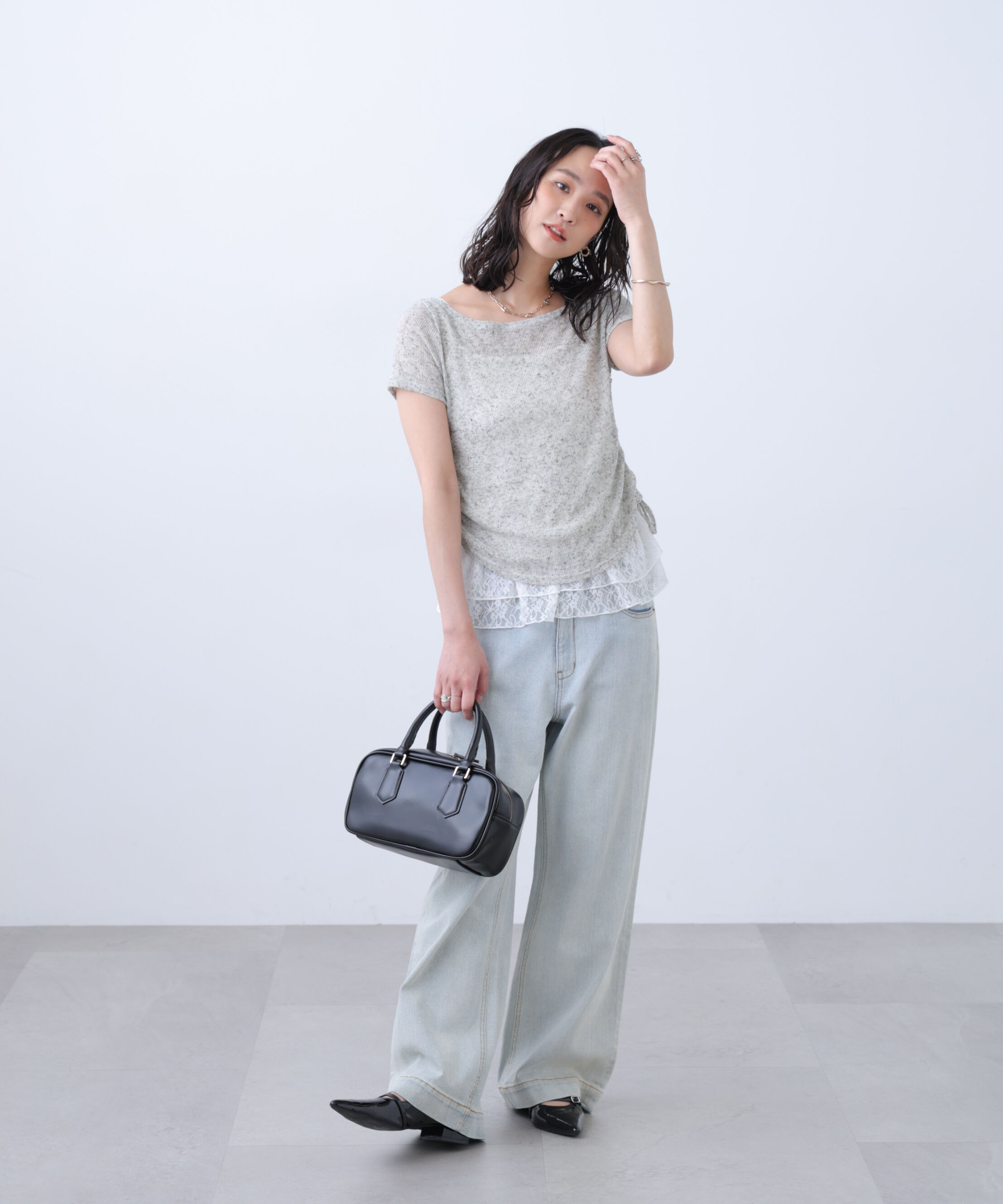  「メランジドロスト半袖レースティアードキャミセット」|Tシャツ・カットソー|