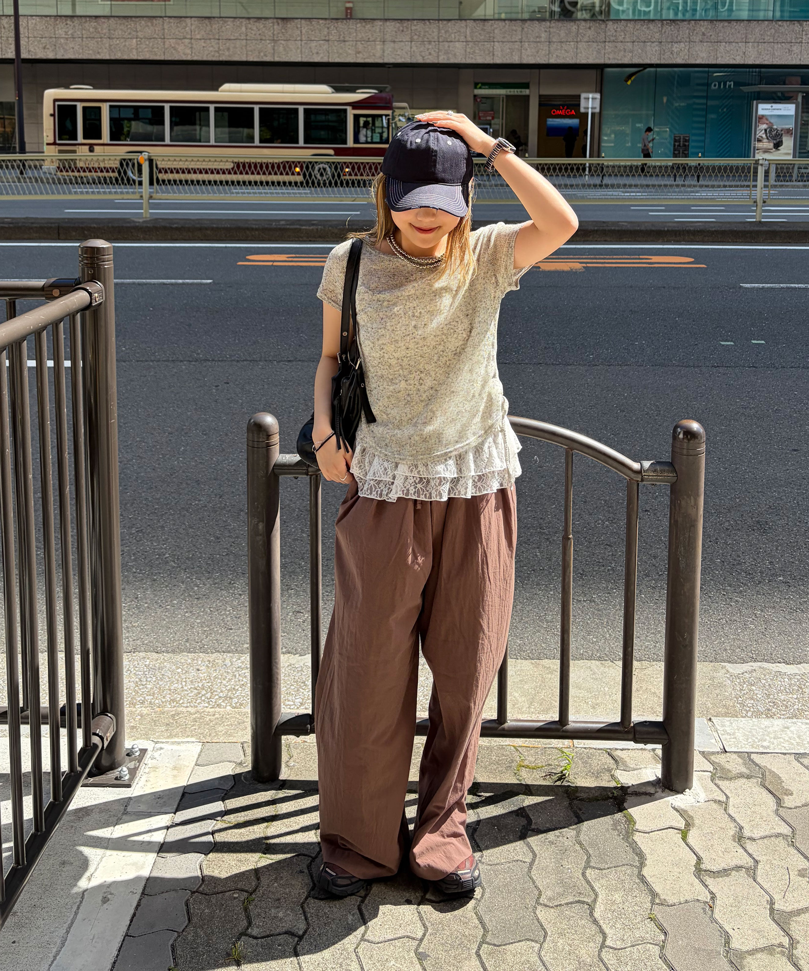  「メランジドロスト半袖レースティアードキャミセット」|Tシャツ・カットソー|
