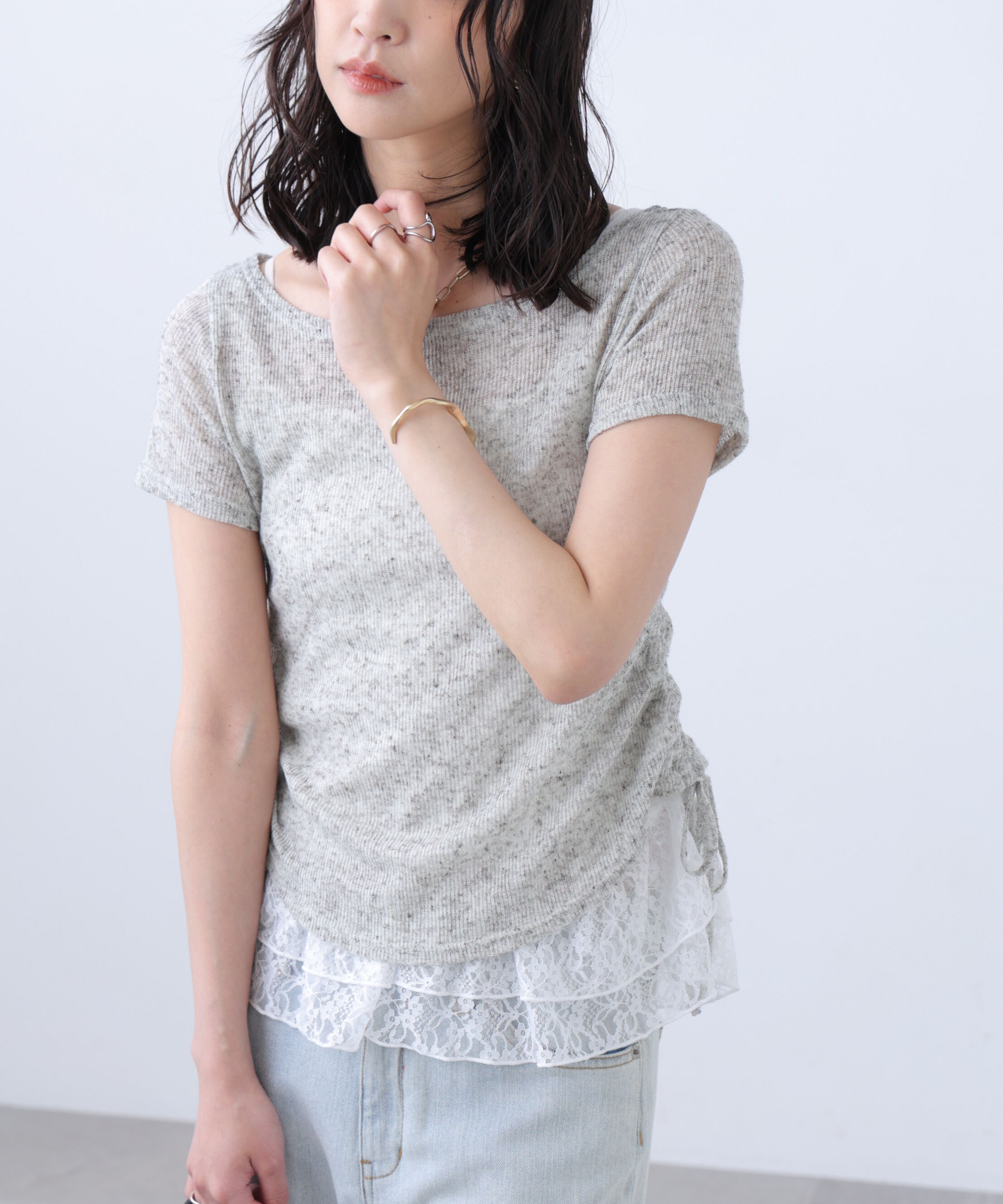  「メランジドロスト半袖レースティアードキャミセット」|Tシャツ・カットソー|