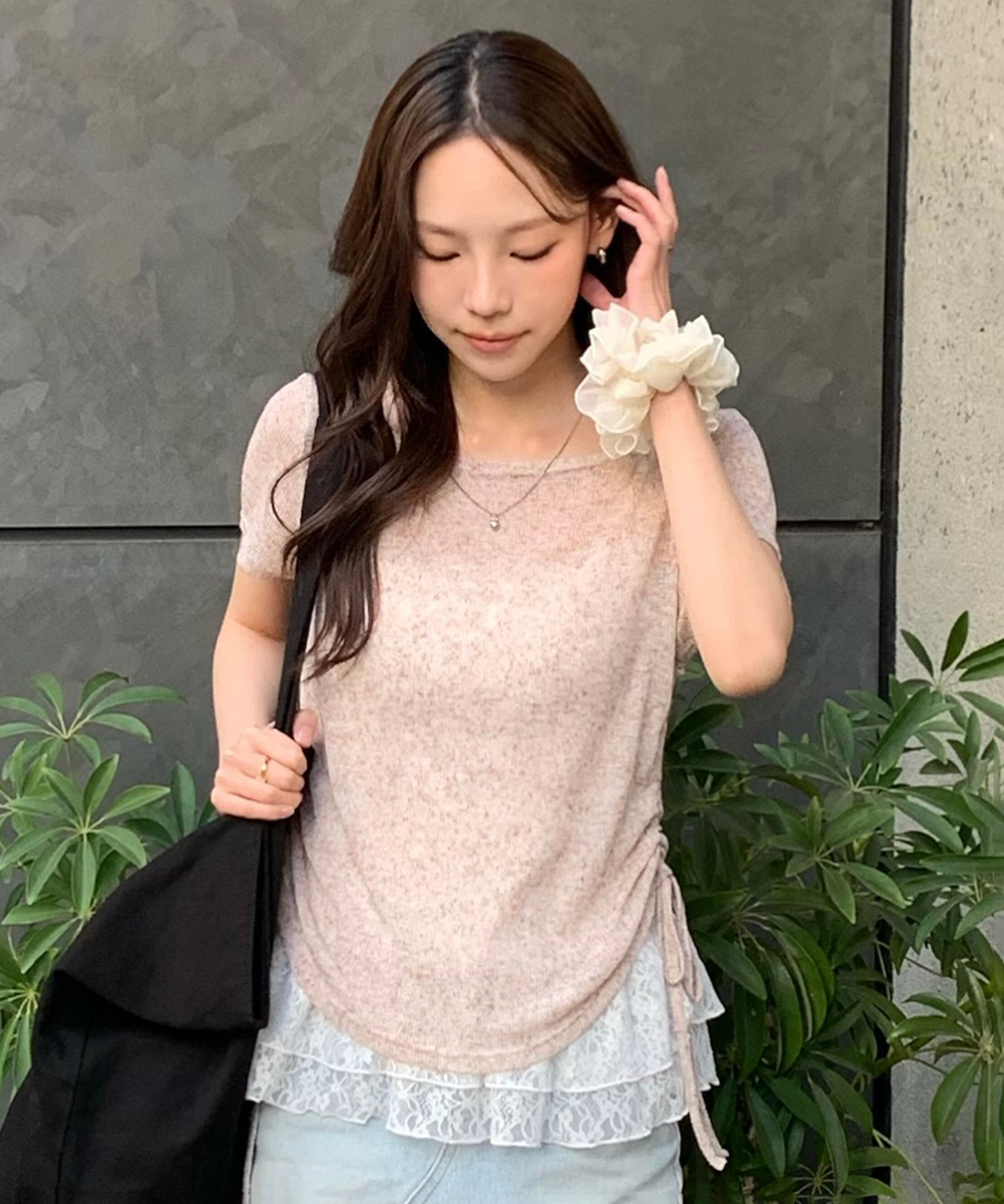  「メランジドロスト半袖レースティアードキャミセット」|Tシャツ・カットソー|ブラウン