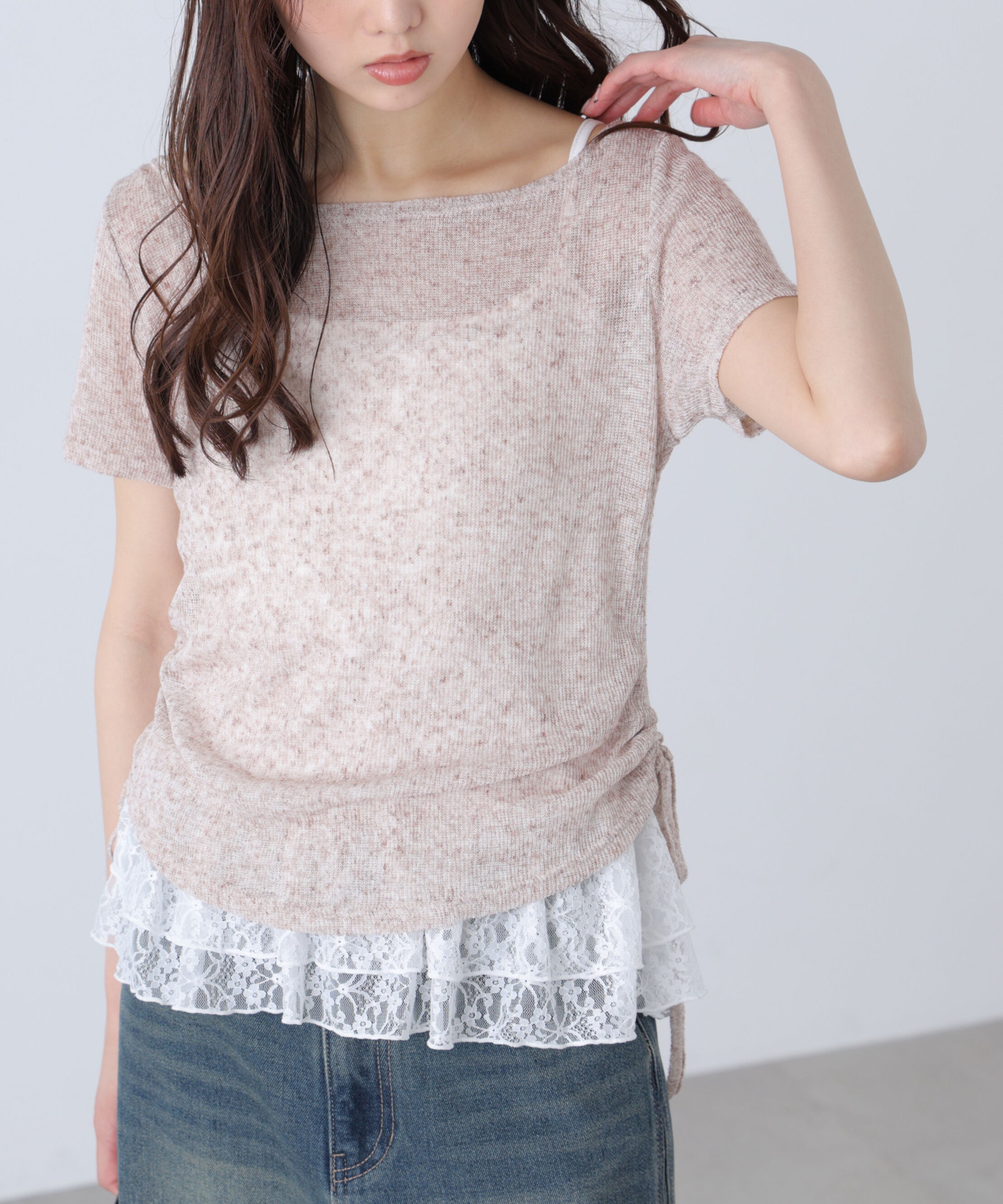  「メランジドロスト半袖レースティアードキャミセット」|Tシャツ・カットソー|