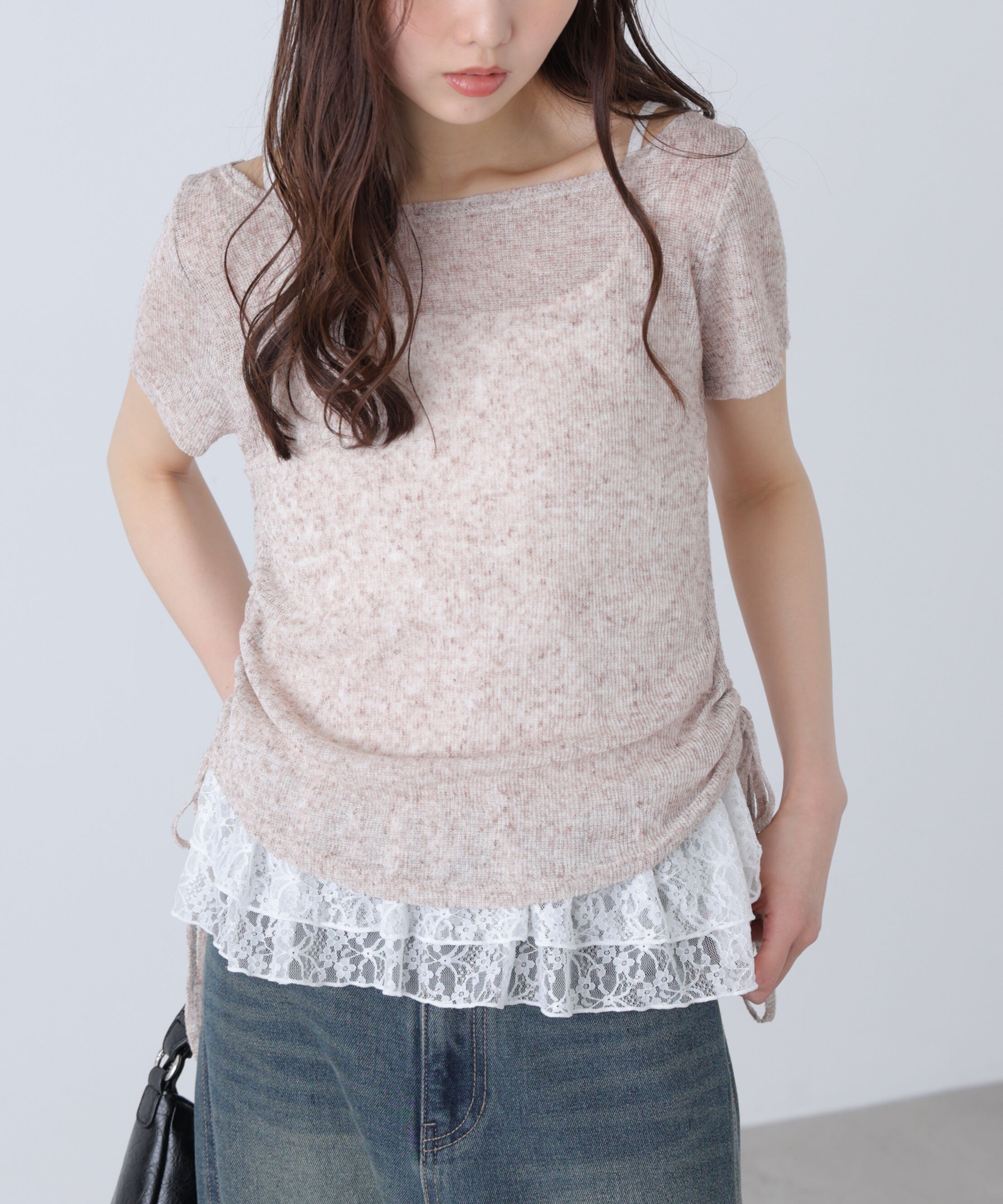 「メランジドロスト半袖レースティアードキャミセット」|Tシャツ・カットソー|