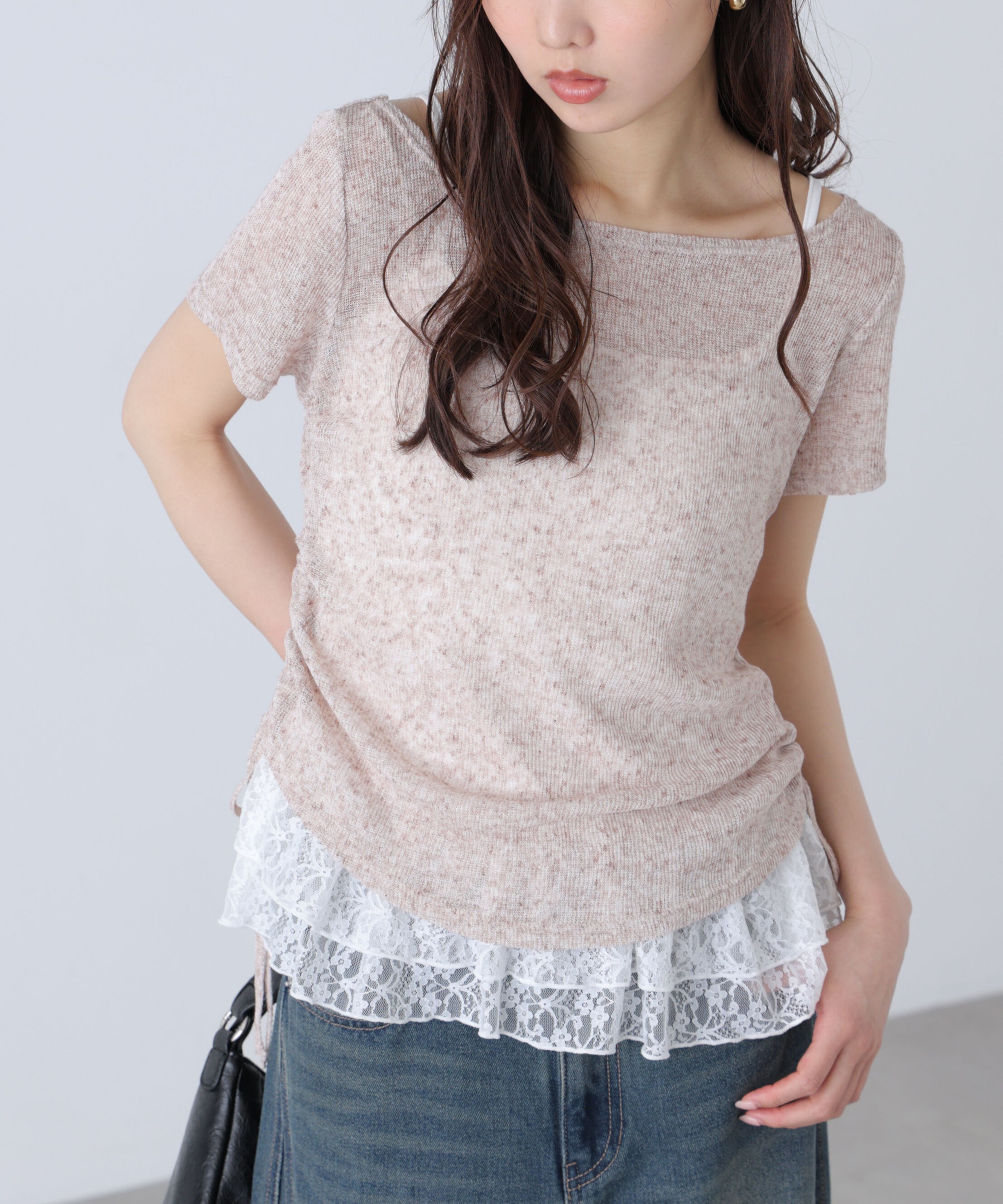  「メランジドロスト半袖レースティアードキャミセット」|Tシャツ・カットソー|