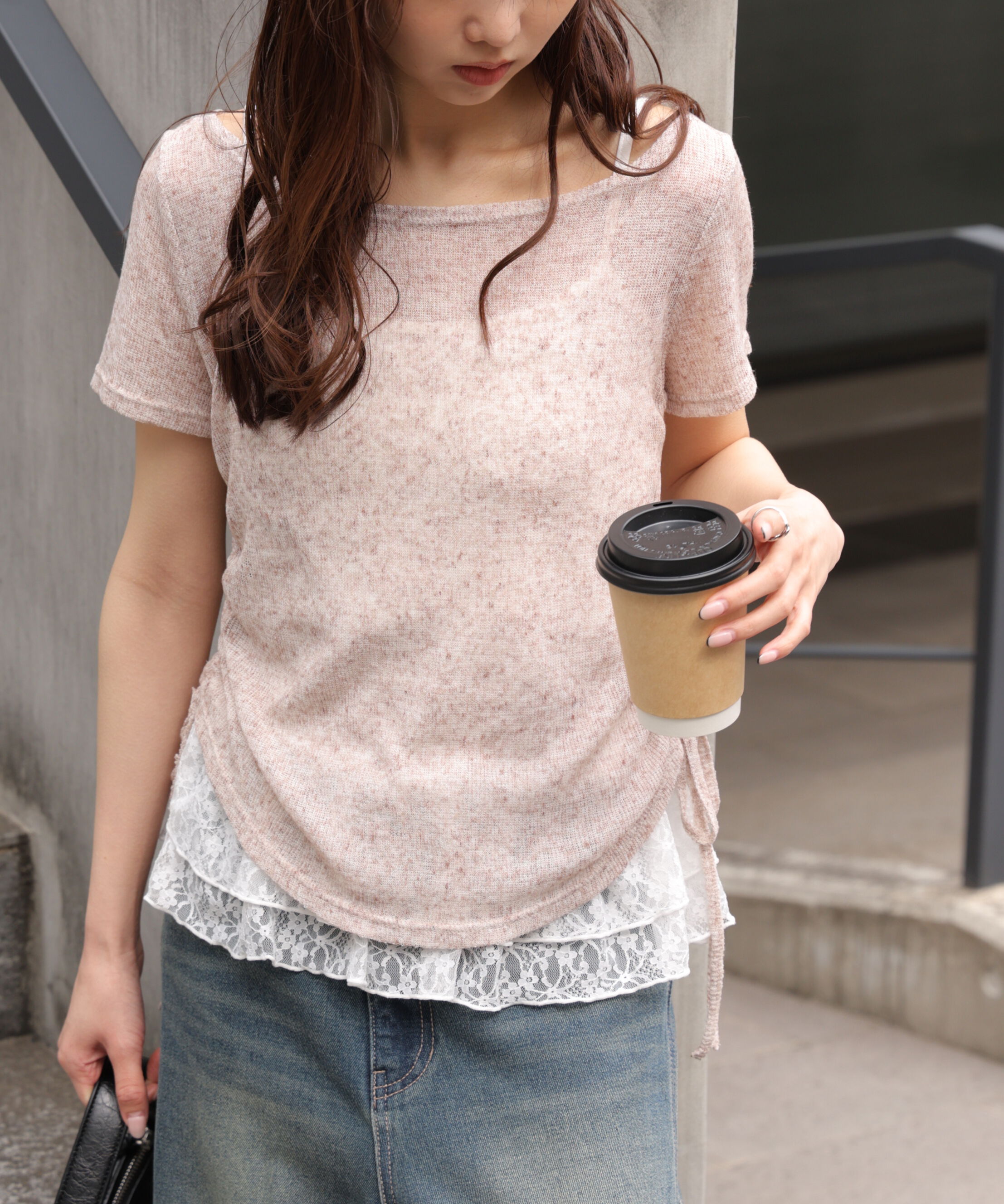  「メランジドロスト半袖レースティアードキャミセット」|Tシャツ・カットソー|