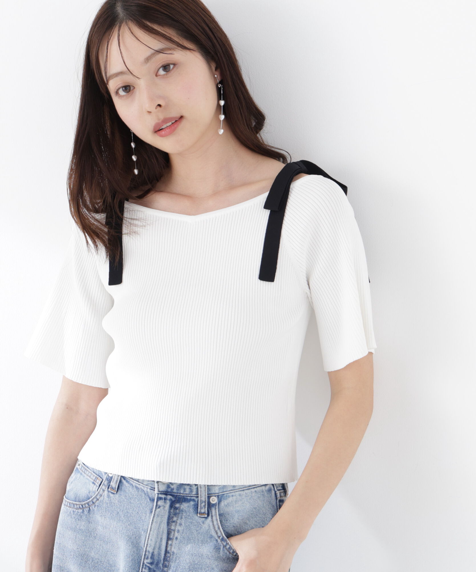 PROPORTION BODY DRESSING「＜ウォッシャブル/UV＞肩リボンオフショルニット　26SS」|ニット・セーター|