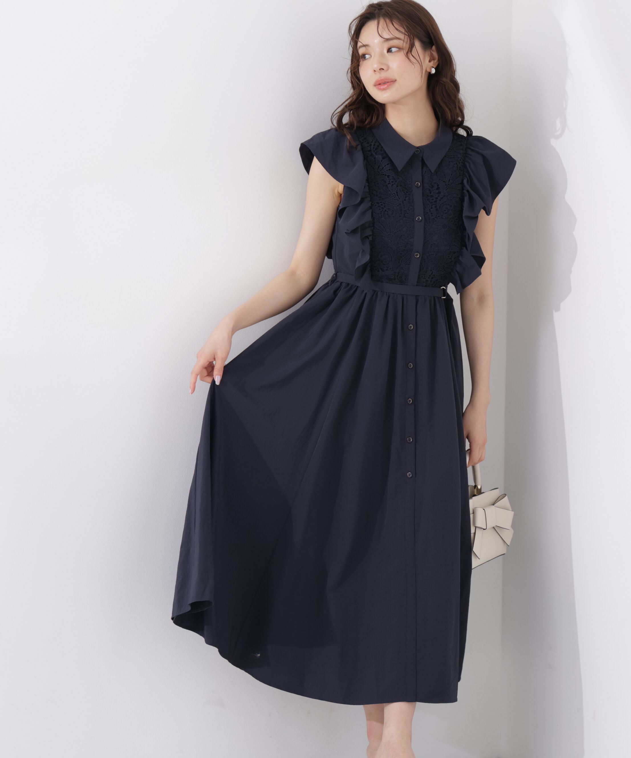 PROPORTION BODY DRESSING「＜中川紅葉さん着用＞フロントレースシャツワンピース」|ワンピース|ネイビー