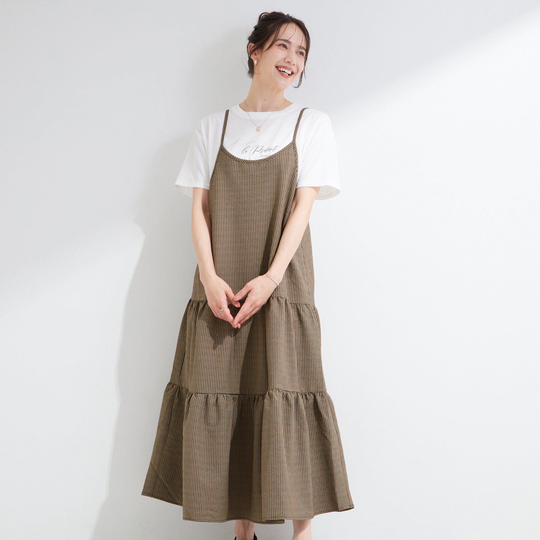 SHOO･LA･RUE「【S-LL/洗濯機可】ほんのり甘いチェック柄 ティアードキャミワンピース」|ワンピース|