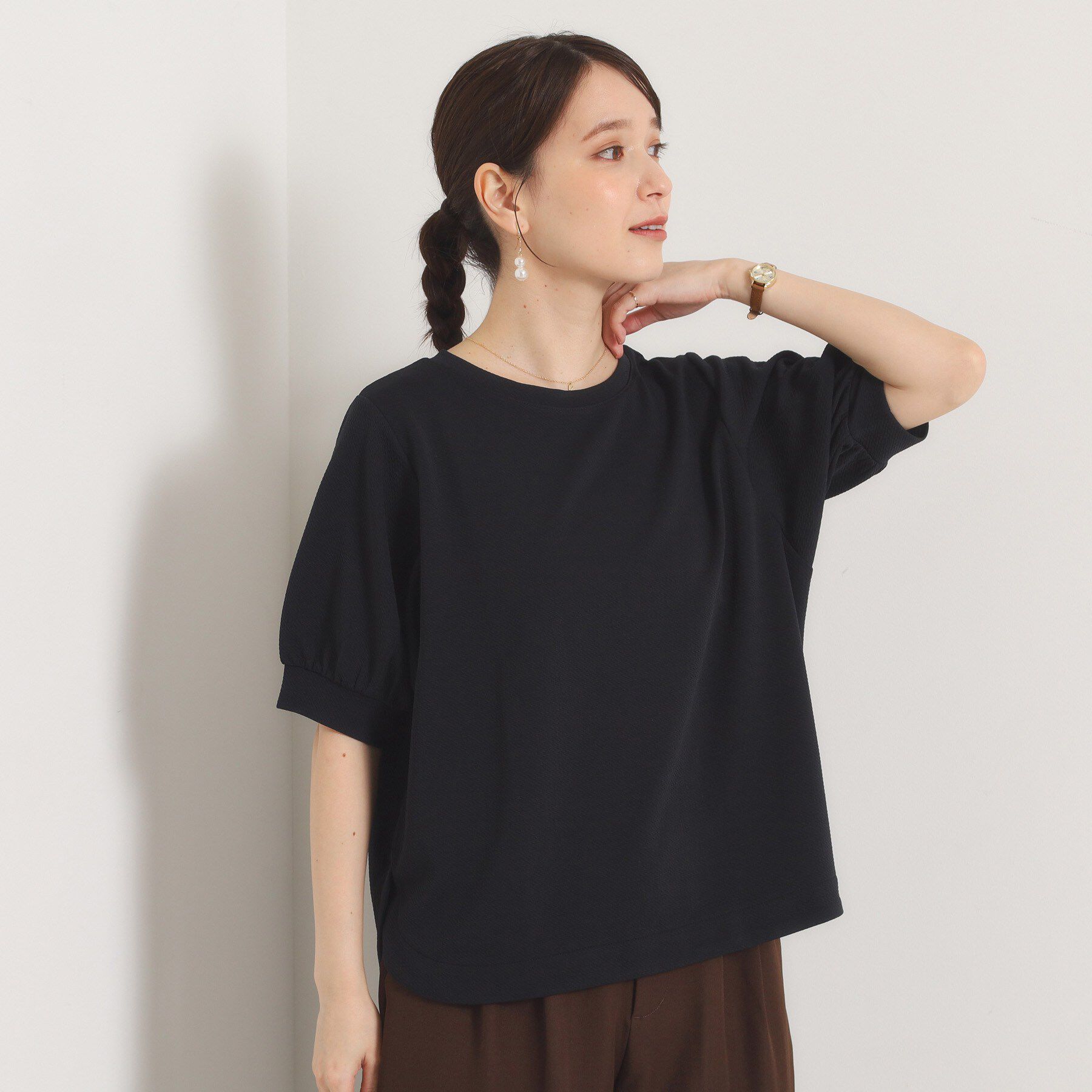 ITS&rsquo;DEMO「ふくれジャカードボリューム袖トップス」|Tシャツ・カットソー|ブラック(019)