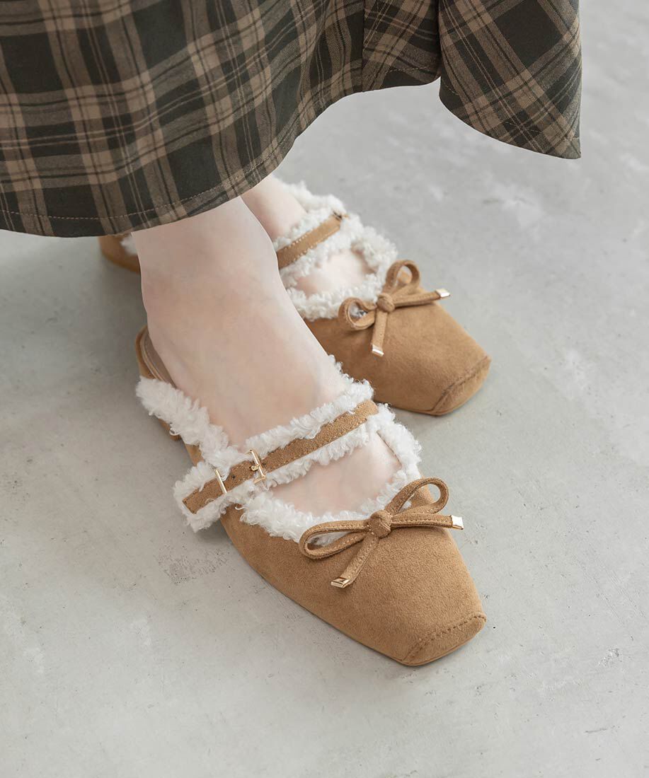  「ファートリムフラットミュールパンプス」|ルームシューズ|