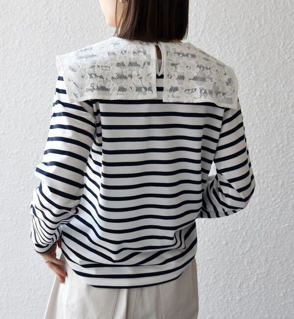 SHIPS any「SHIPS any:〈洗濯機可能〉マリンボーダー レース 襟 プルオーバー」|Tシャツ・カットソー|