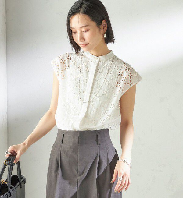 SHIPS for women「〈手洗い可能〉綿 刺繍 レース フレンチスリーブ ブラウス」|シャツ・ブラウス|
