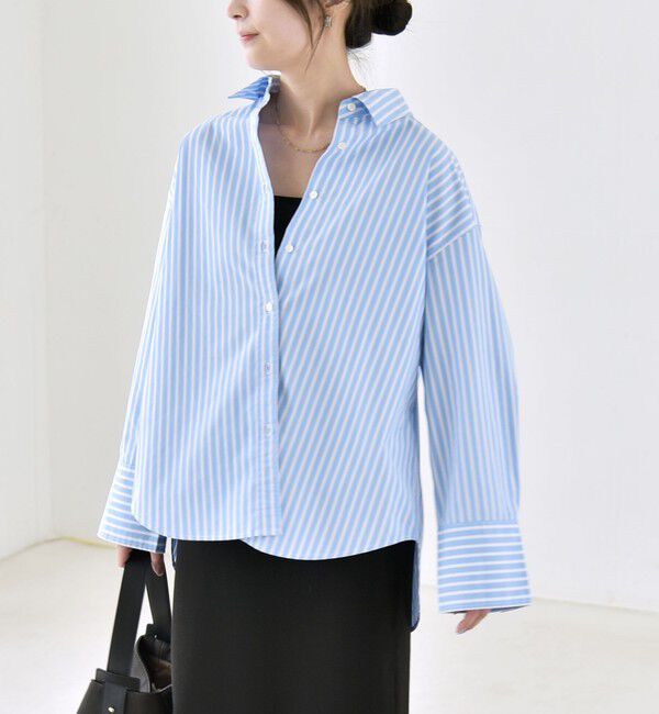 quaranciel「《予約》quaranciel:〈UVカット/洗濯機可能〉UNITO plus レギュラーカラー ルーズ シャツ」|シャツ・ブラウス|ライトブルー
