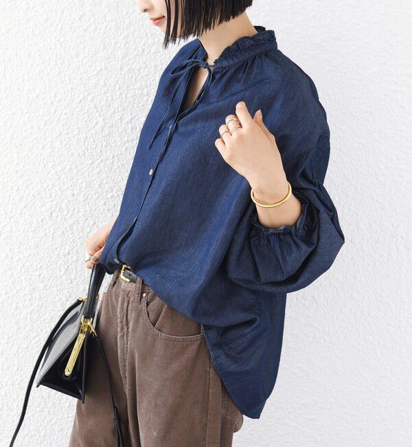 SHIPS for women「《予約》〈洗濯機可能〉ライトオンス デニム フリル スキッパー ブラウス」|シャツ・ブラウス|