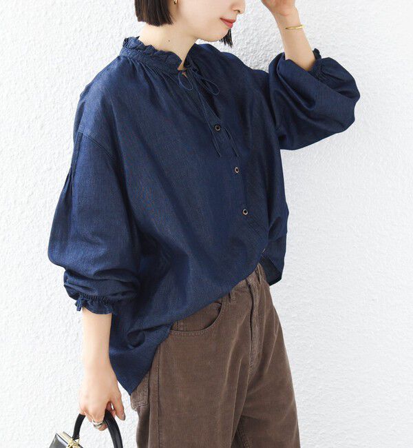 SHIPS for women「《予約》〈洗濯機可能〉ライトオンス デニム フリル スキッパー ブラウス」|シャツ・ブラウス|