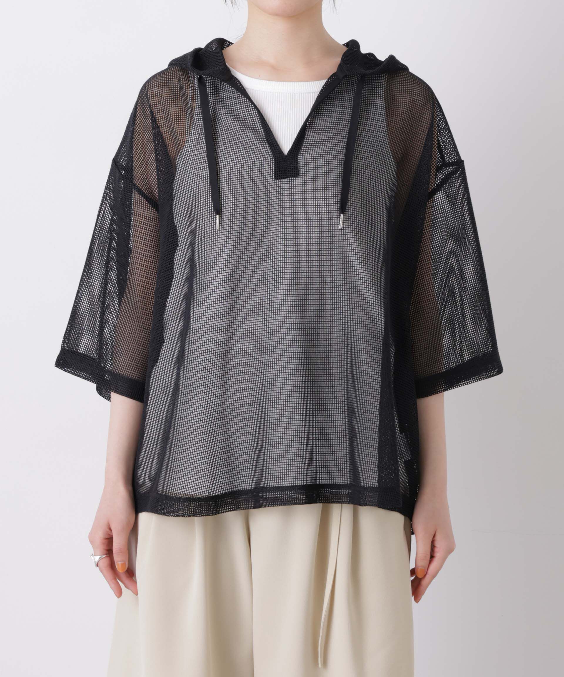 nano･universe「キーネックメッシュフーディートップス」|Tシャツ・カットソー|