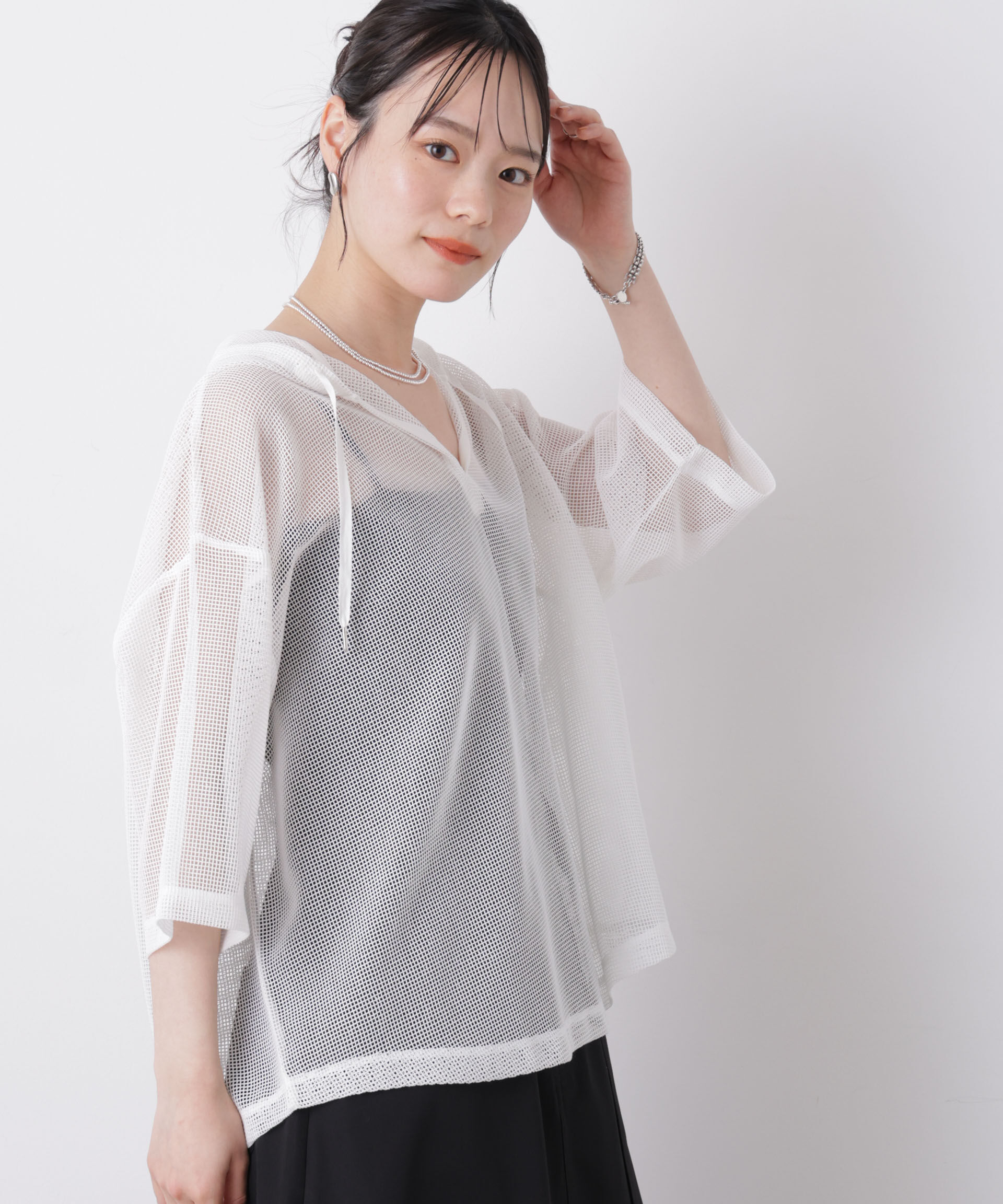 nano･universe「キーネックメッシュフーディートップス」|Tシャツ・カットソー|