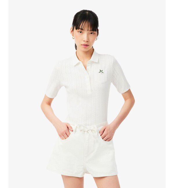 LACOSTE「レース調 リボン付き ポインテルニット 半袖ポロシャツ」|ポロシャツ|ホワイト