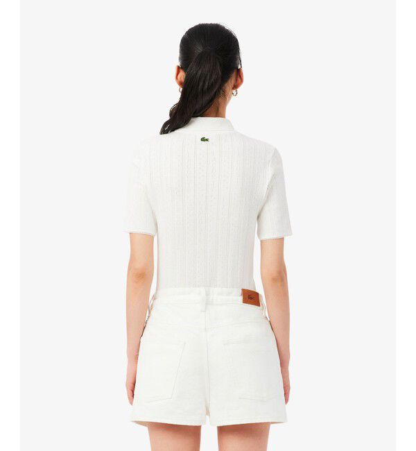 LACOSTE「レース調 リボン付き ポインテルニット 半袖ポロシャツ」|ポロシャツ|