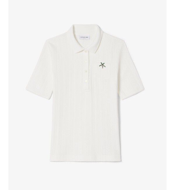 LACOSTE「レース調 リボン付き ポインテルニット 半袖ポロシャツ」|ポロシャツ|
