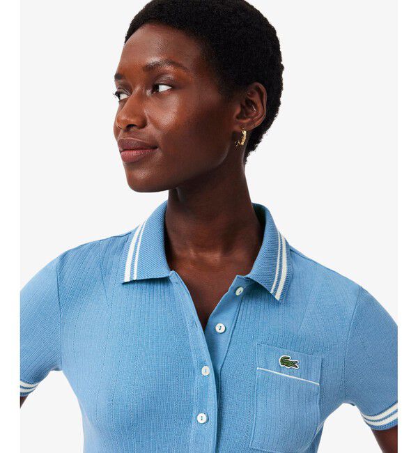 LACOSTE「フランスメイド ナローリブニット スリムフィットポロシャツ」|ポロシャツ|ライトブルー