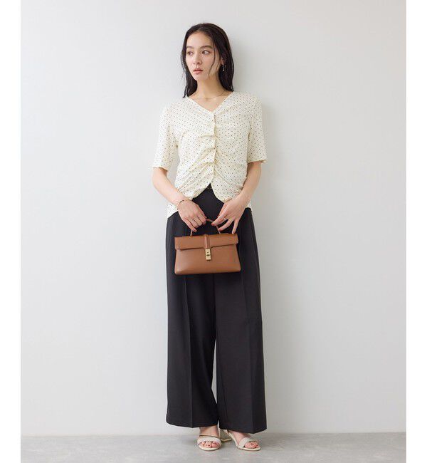 VIS「【WEB限定】ドット＆無地フロントシャーリング5分袖トップス」|Tシャツ・カットソー|