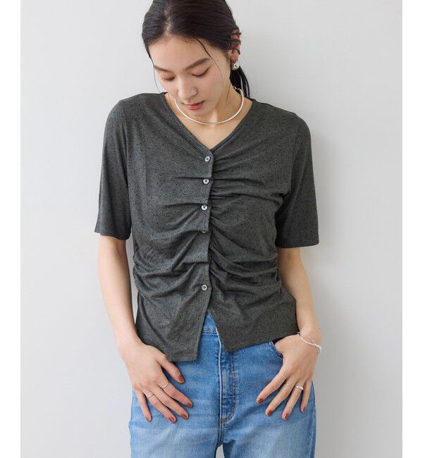 VIS「【WEB限定】ドット＆無地フロントシャーリング5分袖トップス」|Tシャツ・カットソー|
