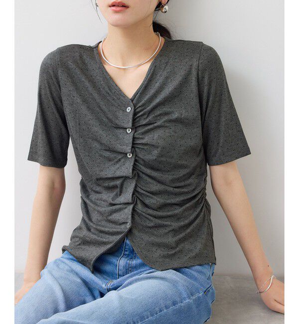 VIS「【WEB限定】ドット＆無地フロントシャーリング5分袖トップス」|Tシャツ・カットソー|