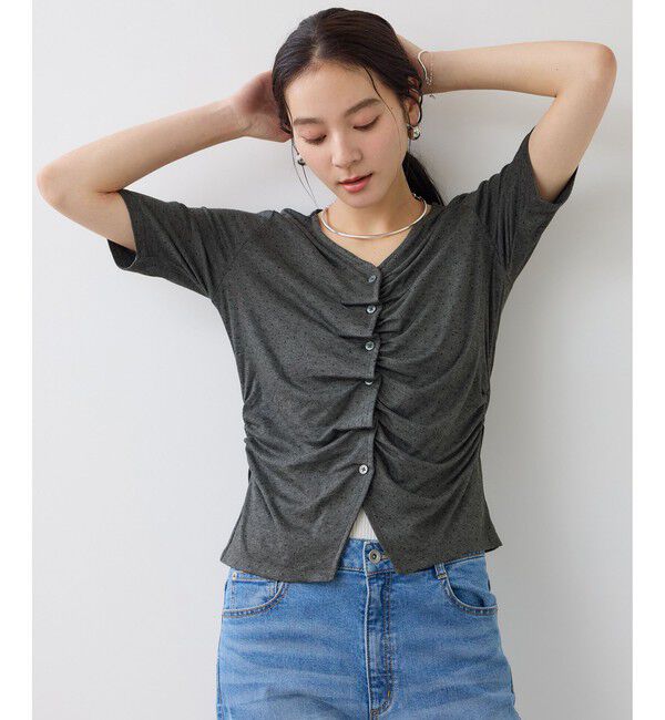 VIS「【WEB限定】ドット＆無地フロントシャーリング5分袖トップス」|Tシャツ・カットソー|