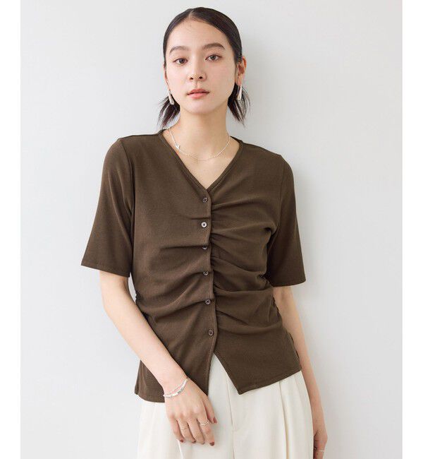 VIS「【WEB限定】ドット＆無地フロントシャーリング5分袖トップス」|Tシャツ・カットソー|