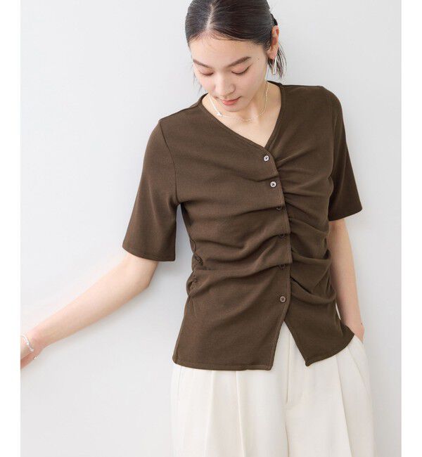 VIS「【WEB限定】ドット＆無地フロントシャーリング5分袖トップス」|Tシャツ・カットソー|