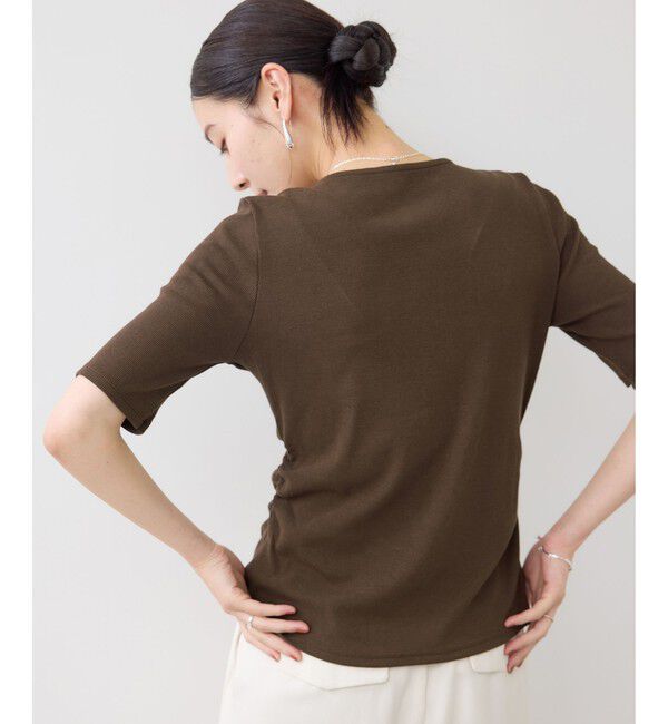 VIS「【WEB限定】ドット＆無地フロントシャーリング5分袖トップス」|Tシャツ・カットソー|