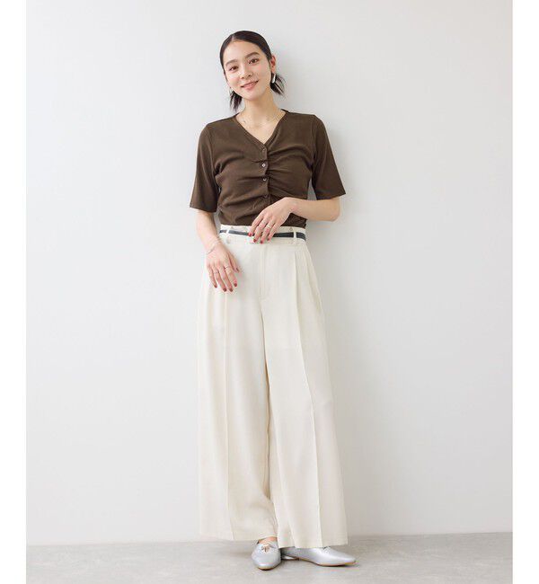 VIS「【WEB限定】ドット＆無地フロントシャーリング5分袖トップス」|Tシャツ・カットソー|