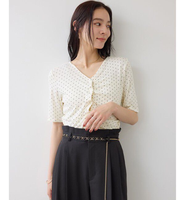 VIS「【WEB限定】ドット＆無地フロントシャーリング5分袖トップス」|Tシャツ・カットソー|