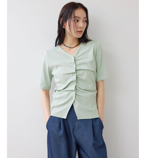 VIS「【WEB限定】ドット＆無地フロントシャーリング5分袖トップス」|Tシャツ・カットソー|