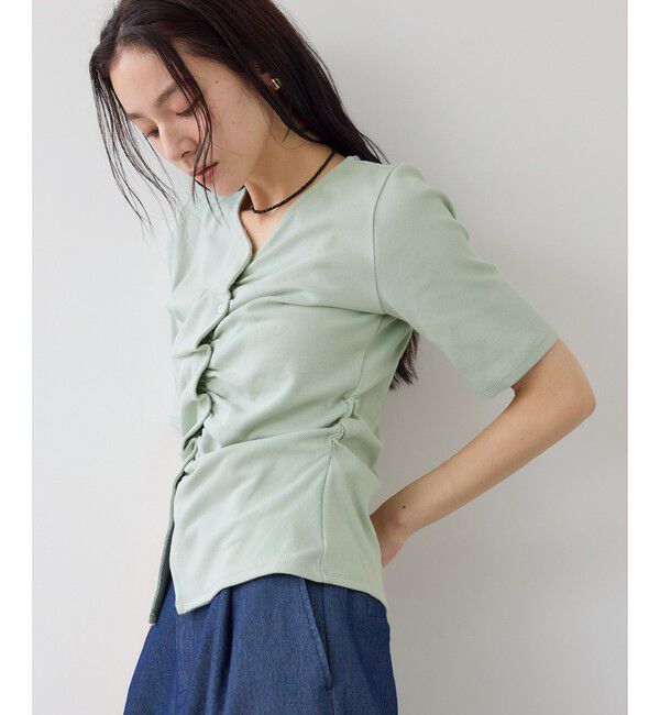 VIS「【WEB限定】ドット＆無地フロントシャーリング5分袖トップス」|Tシャツ・カットソー|
