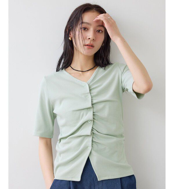 VIS「【WEB限定】ドット＆無地フロントシャーリング5分袖トップス」|Tシャツ・カットソー|