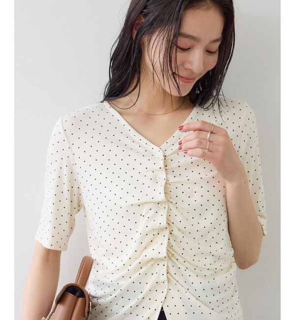 VIS「【WEB限定】ドット＆無地フロントシャーリング5分袖トップス」|Tシャツ・カットソー|