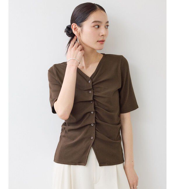 VIS「【WEB限定】ドット＆無地フロントシャーリング5分袖トップス」|Tシャツ・カットソー|