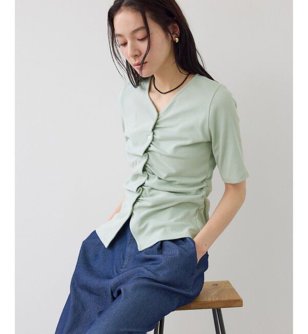 VIS「【WEB限定】ドット＆無地フロントシャーリング5分袖トップス」|Tシャツ・カットソー|ライトグリン(33)