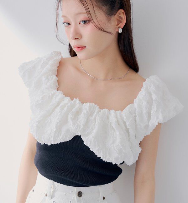  「【SALON by Chico】ジャガードパフスリーブドッキングニット」|ニット・セーター|