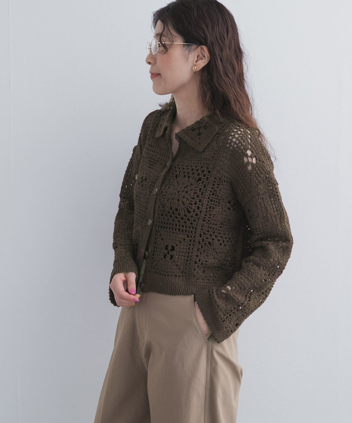 URBAN RESEARCH DOORS「衿付きクロシェカーディガン」|カーディガン|