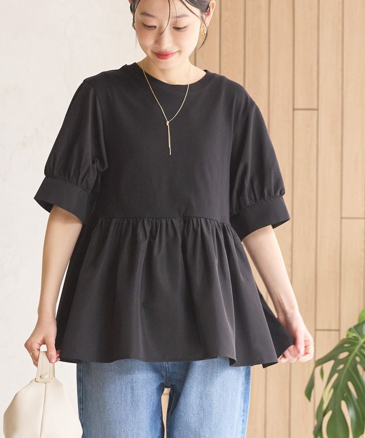 AMERICAN HOLIC「【WEB限定】異素材切替ペプラムプルオーバー」|Tシャツ・カットソー|Black