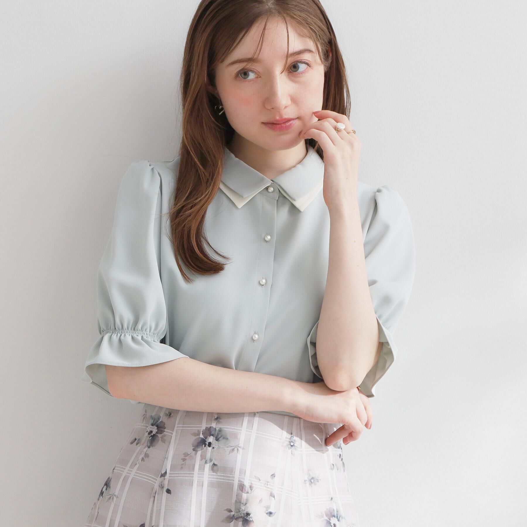 Couture broach「【通勤・洗える】配色ダブルカラー ブラウス」|シャツ・ブラウス|ミントグリーン(02