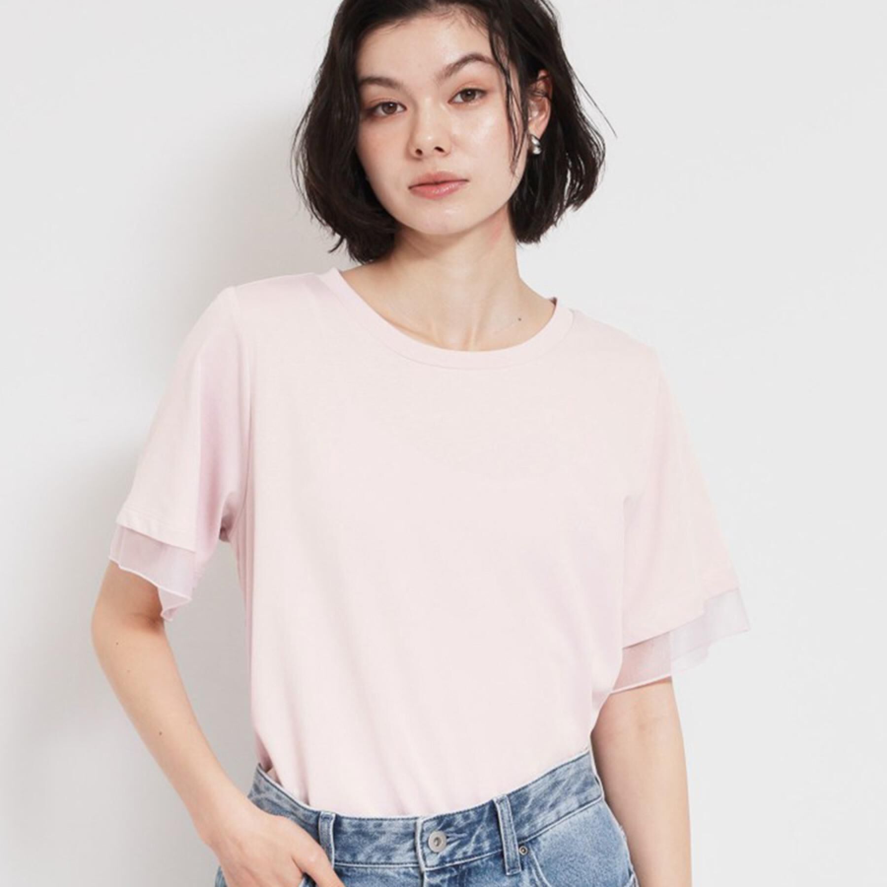 THE SHOP TK「【M-XL/ひんやり】上品な透け感 袖口シアーTシャツ」|Tシャツ・カットソー|ライトピンク(070