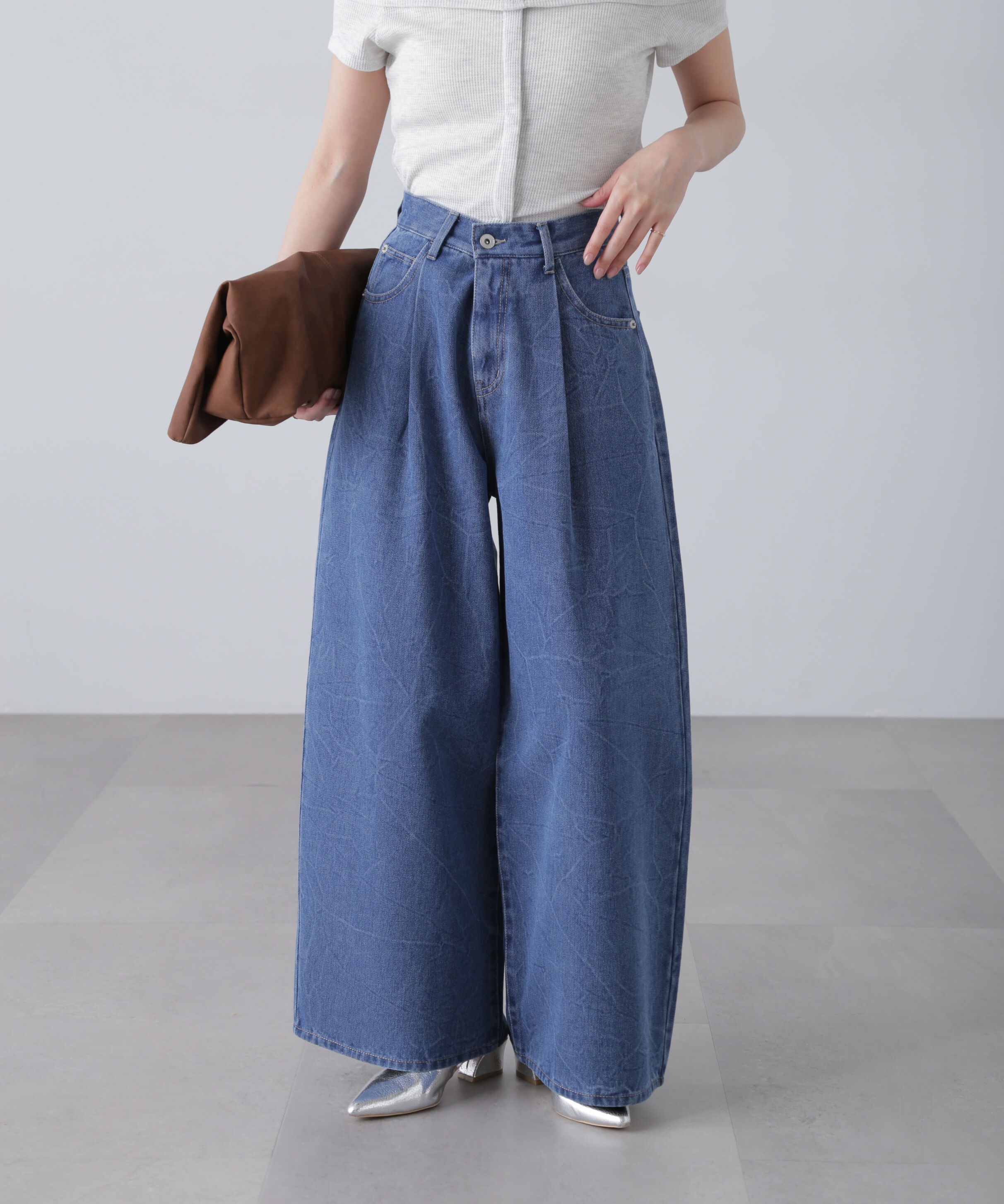  「クリンクル加工タックワイドデニムパンツ」|その他|