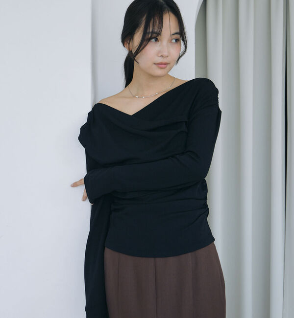 archives「【ＯＮかわ】タックドレープオフショルスラブカットＴＯＰＳ」|Tシャツ・カットソー|BLACK