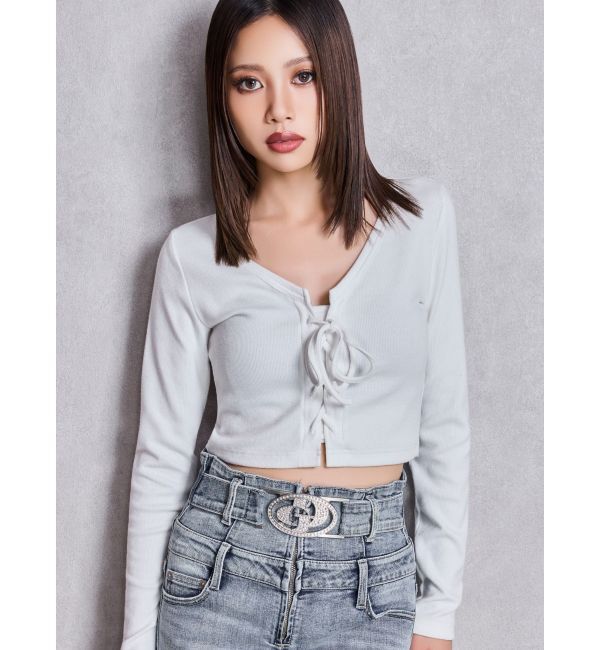 GYDA「フロントレースアップショートトップス」|Tシャツ・カットソー|